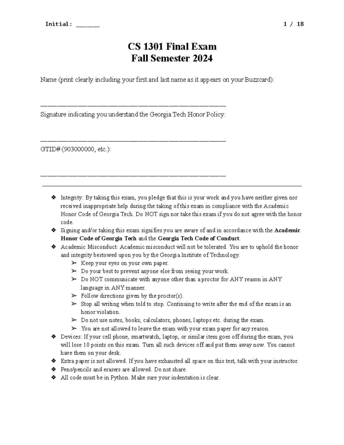 CS 1301 Summer 2024 Exam 1 - Version A Coding Problems & Solutions ...