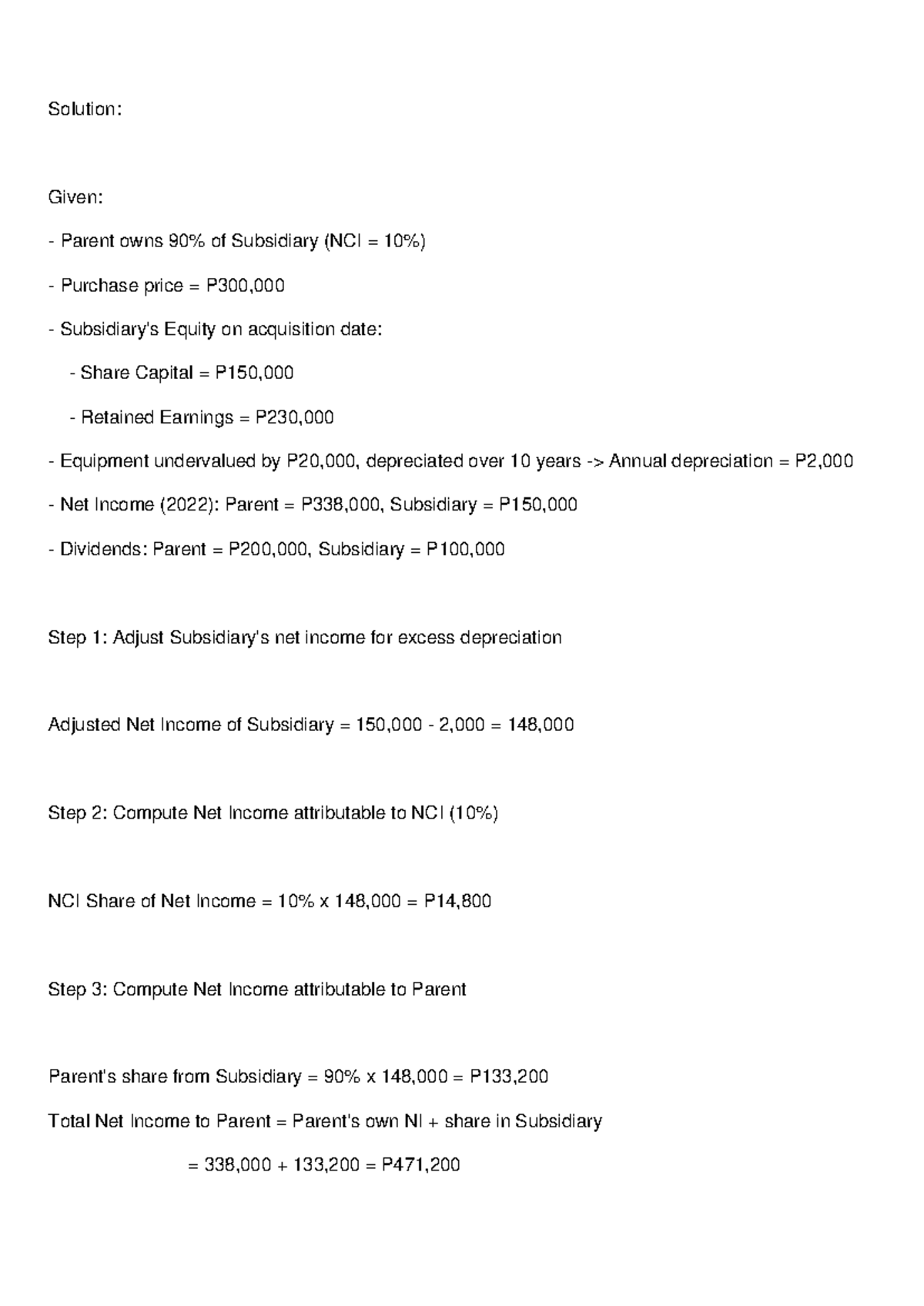 Net Income Attribution Solution - Solution: Given: Parent owns 90% of ...
