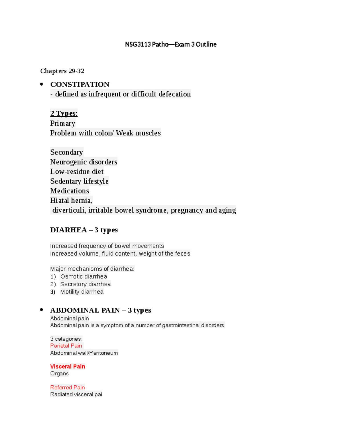 NSG3113 Patho - Exam 3 Study Topics and Key Concepts - Studocu