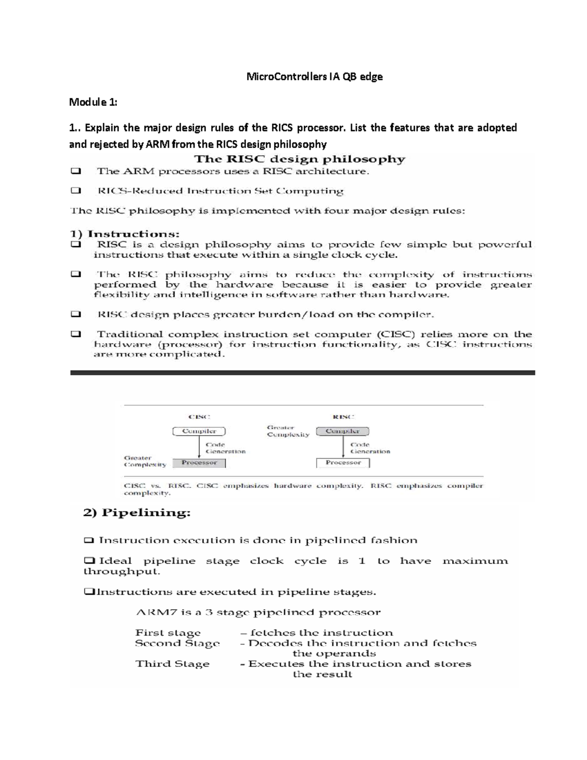 MicroControllers IA Quiz: RICS Processor Design & ARM Features - Studocu