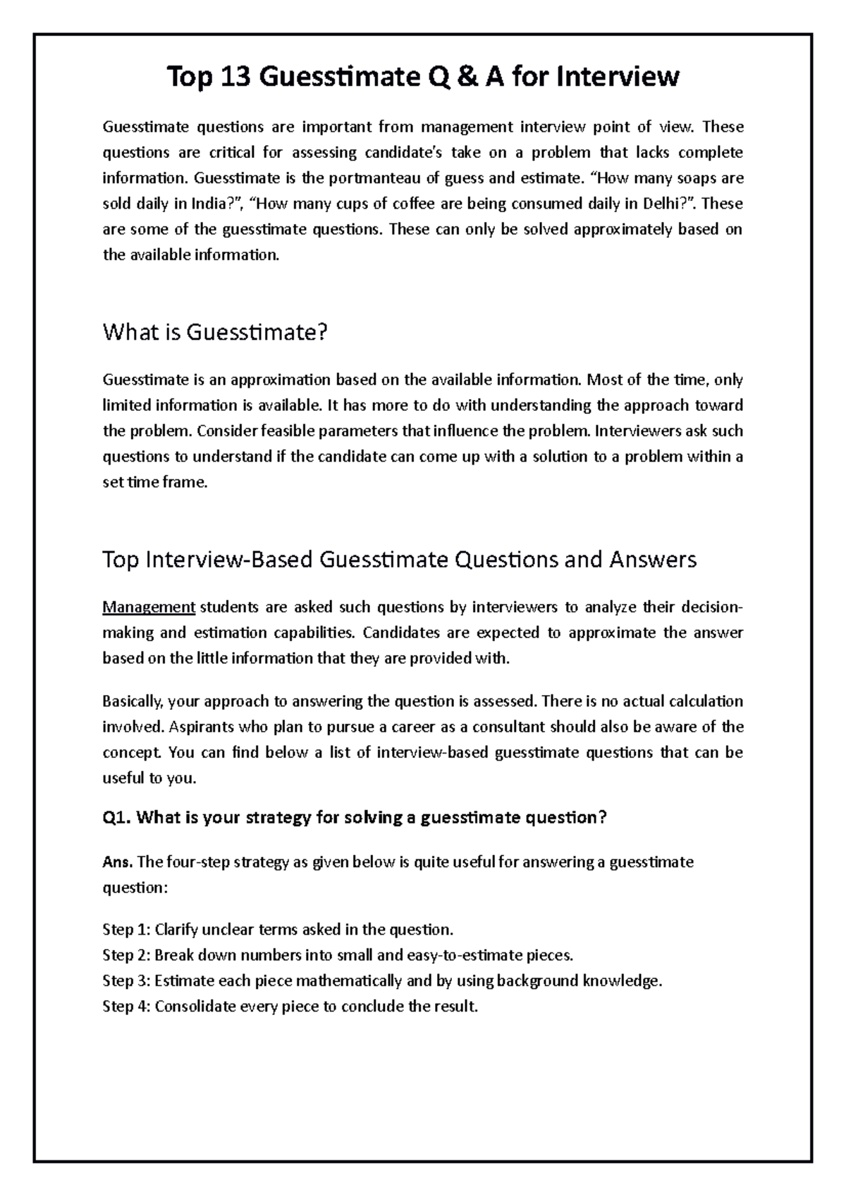 Guesstimates for Management Interviews: Key Questions & Strategies ...