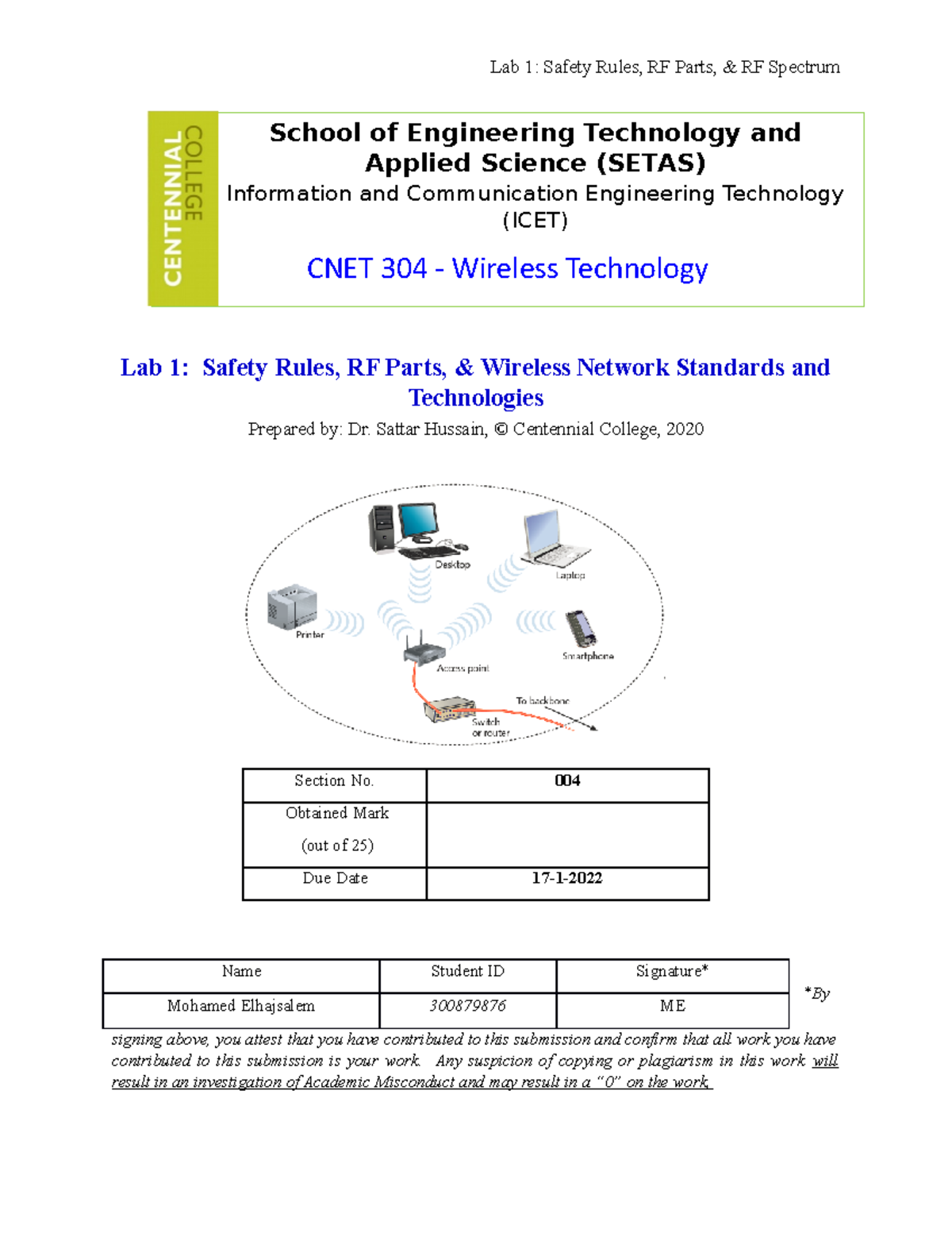 CNET304 Lab 1 Lab Safety, RF Parts, & Wireless Networks Standards and ...