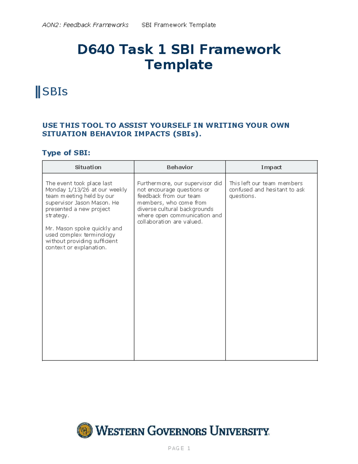 AON2: SBI Framework Template for Feedback - D640 Task 1 - Studocu