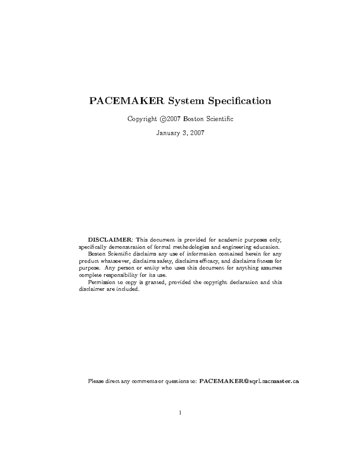 System Specification for Pacemaker (PAC 101) - Overview & Functions ...