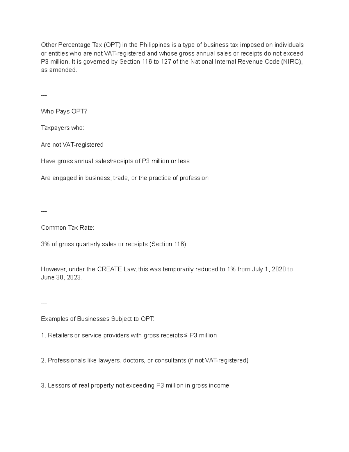 Other Percentage Tax (OPT) Overview in the Philippines - Studocu