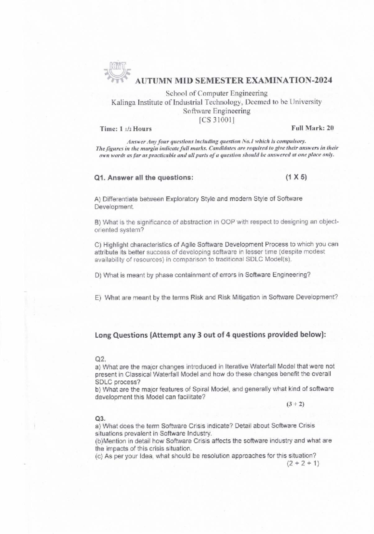 2024 - SE Mid Semester Exam: Software Engineering Questions - Studocu