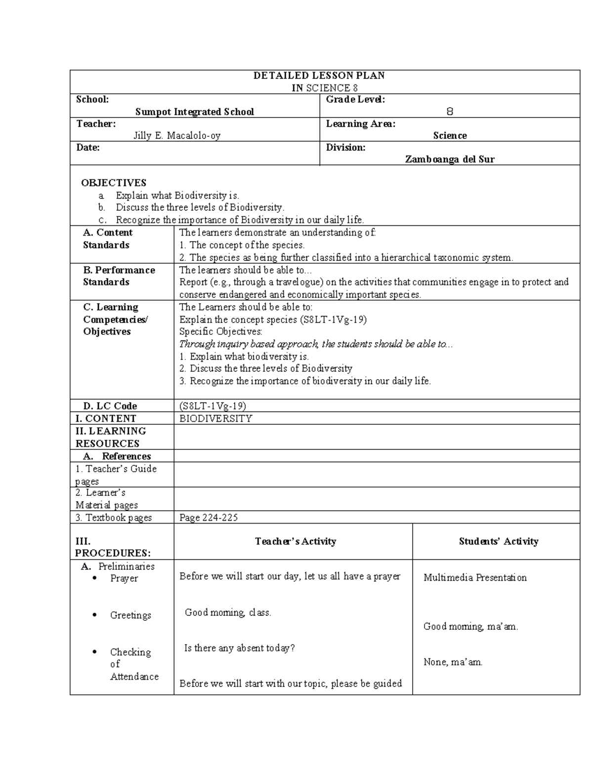 Detailed Lesson Plan: Biodiversity in Science 8 (Grade 8) - Studocu