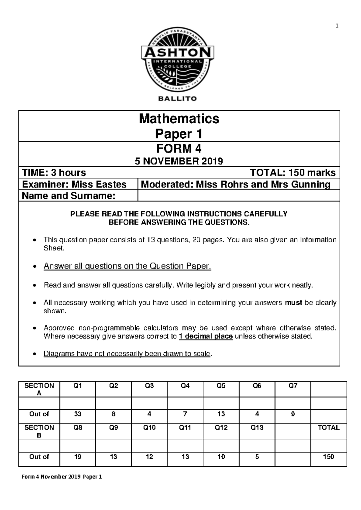 Mathematics Paper 1 - Form 4 November 2019 Exam Guide - Studocu