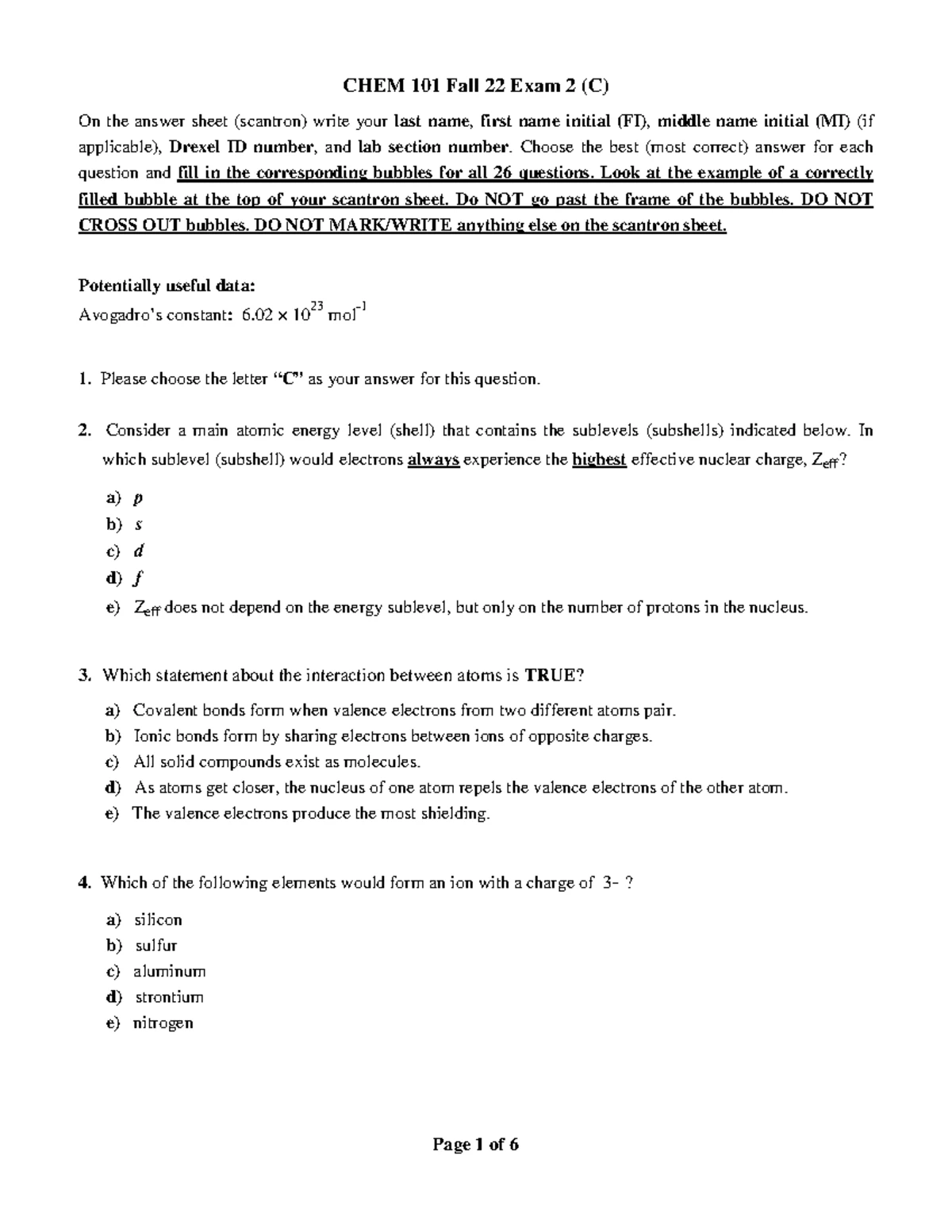 Practice Questions for CHEM 101 Exam 4 - F24 - Studocu