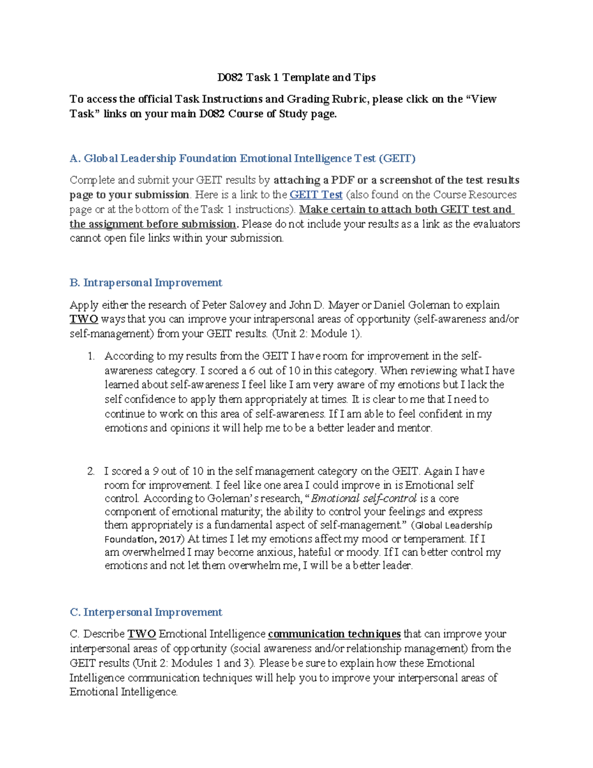 D082 Task 1 - D082 Task 1 - D082 Task 1 Template and Tips To access the ...