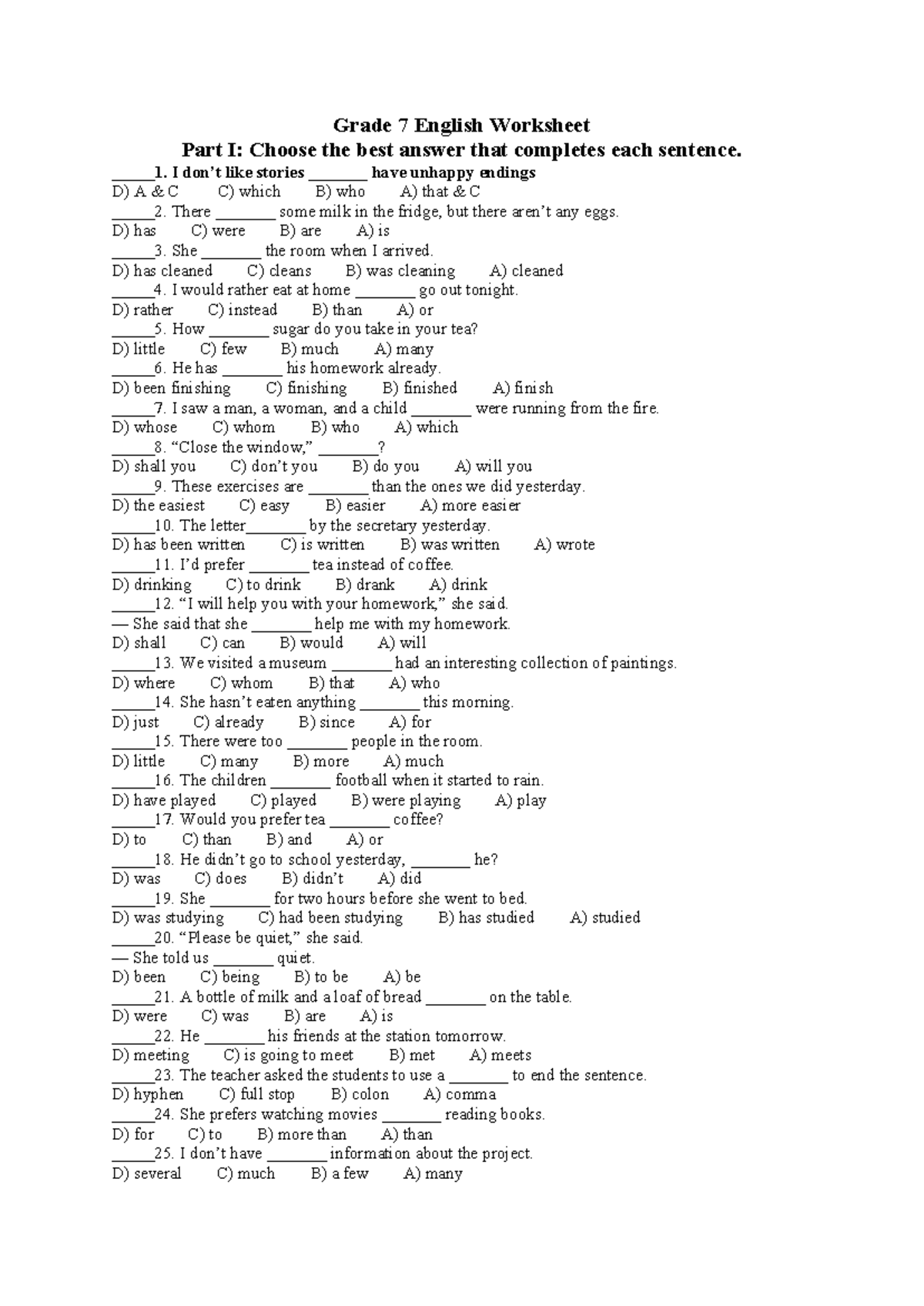 Grade 7 English Worksheet: Sentence Completion Exercises - Studocu