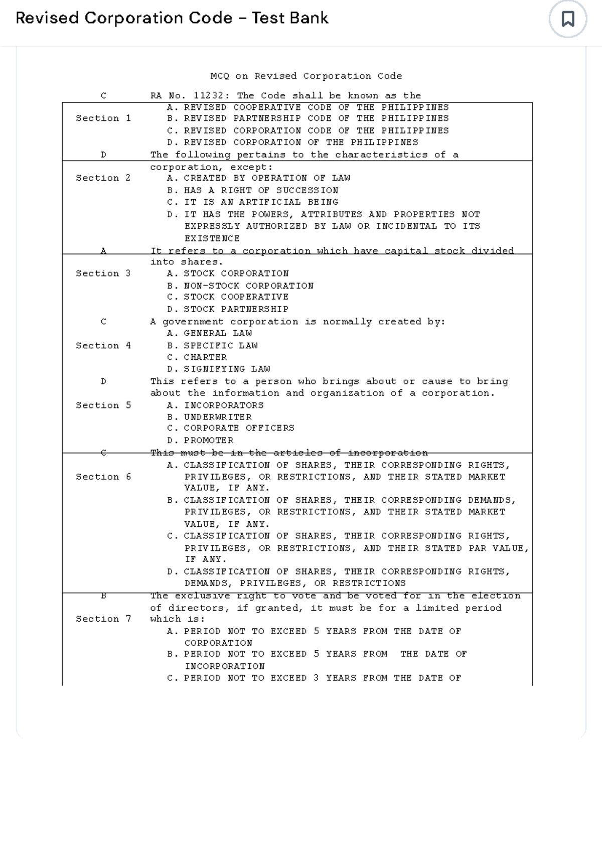 Revised Corporation Code Test Bank: MCQs on RA No. 11232 Sections 1-144 ...