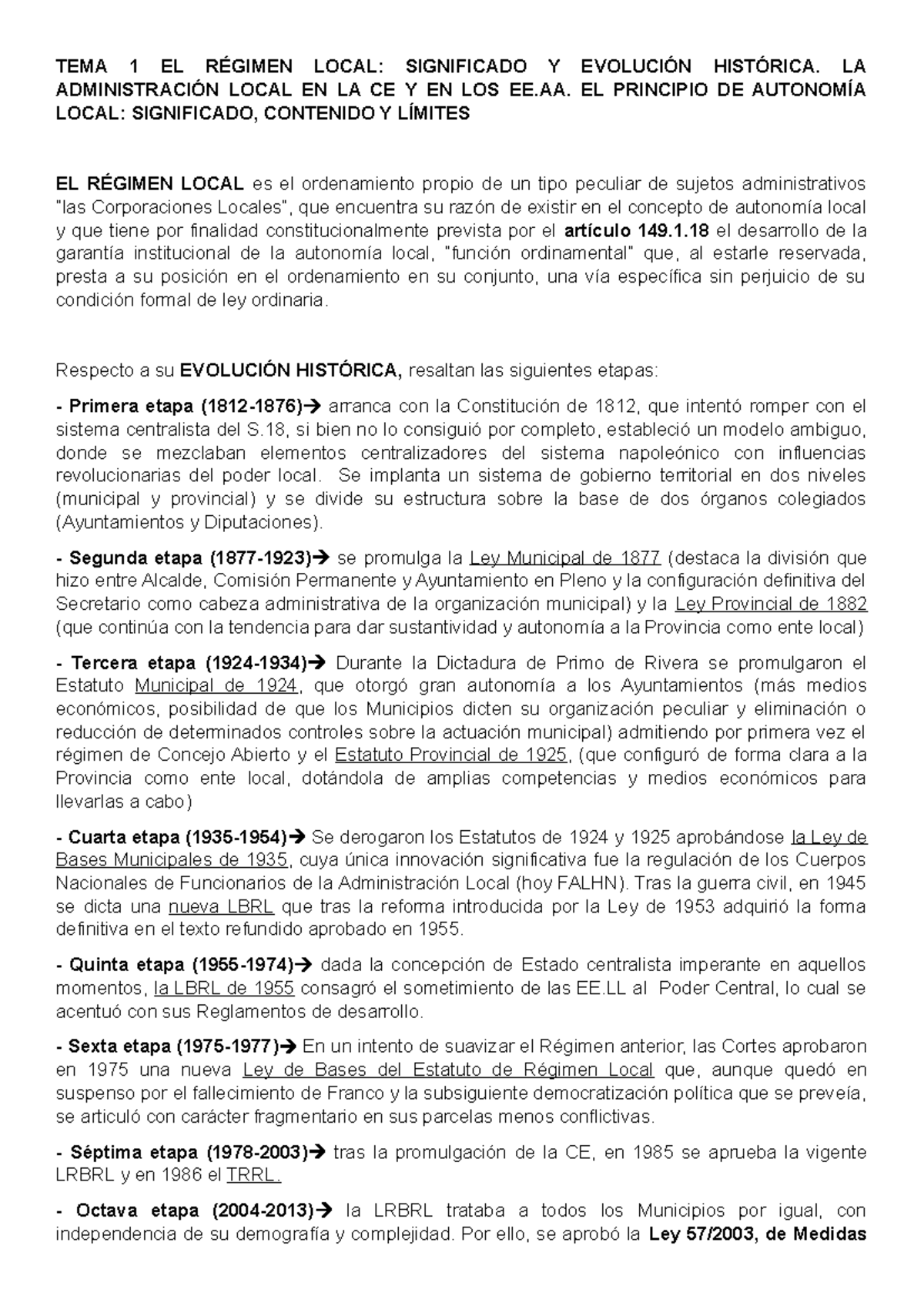 TEMA 1: Evolución del Régimen Local y Administración en la CE - Studocu