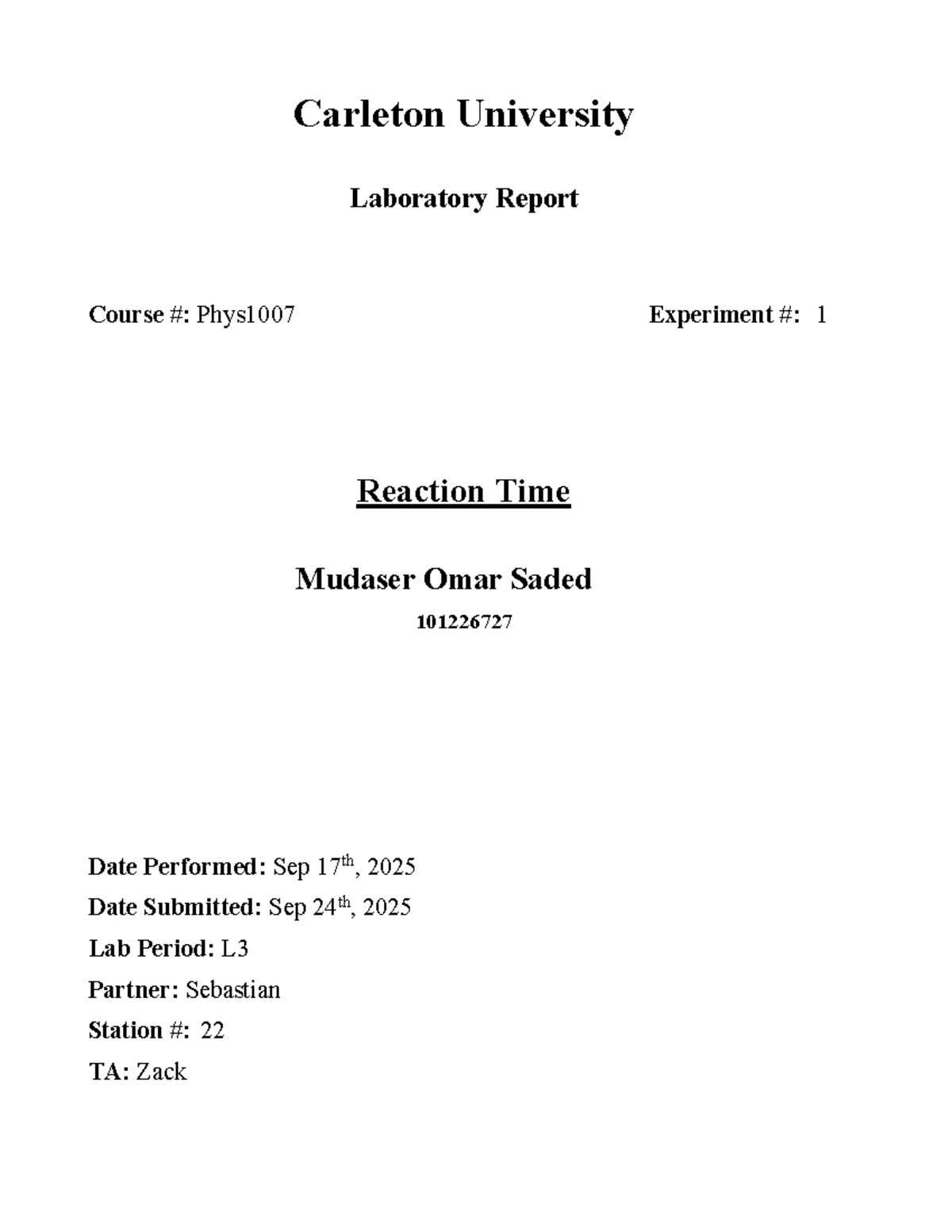 Phys1007 Lab Report: Experiment 1 on Reaction Time Analysis - Studocu