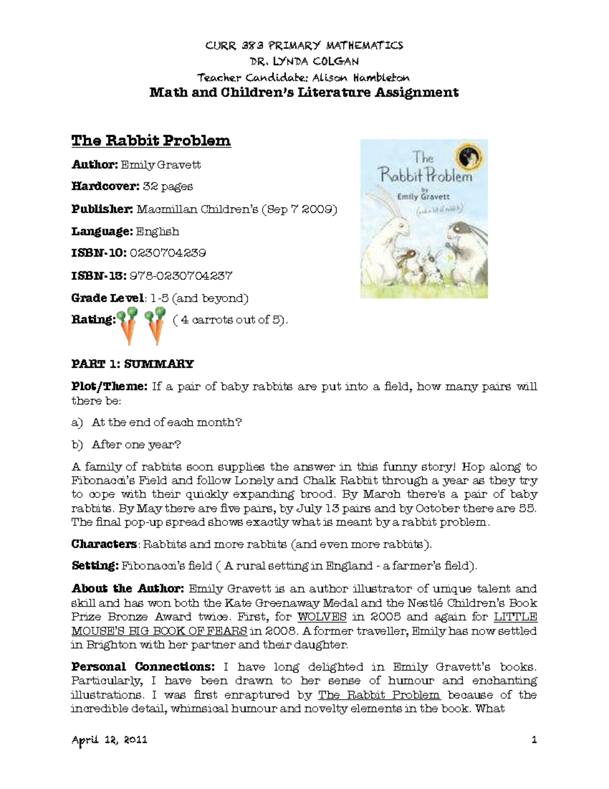 CURR 383 PRIMARY MATHEMATICS: The Rabbit Problem & Fibonacci Sequence ...