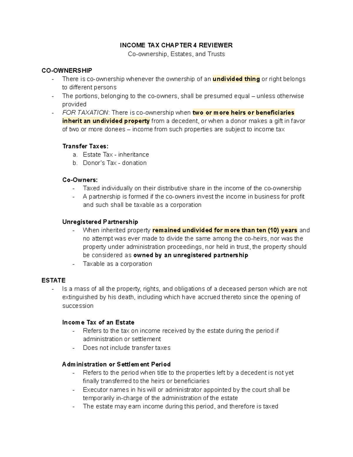 Income Tax CH 4 Reviewer: Estates and Trusts Overview - Studocu