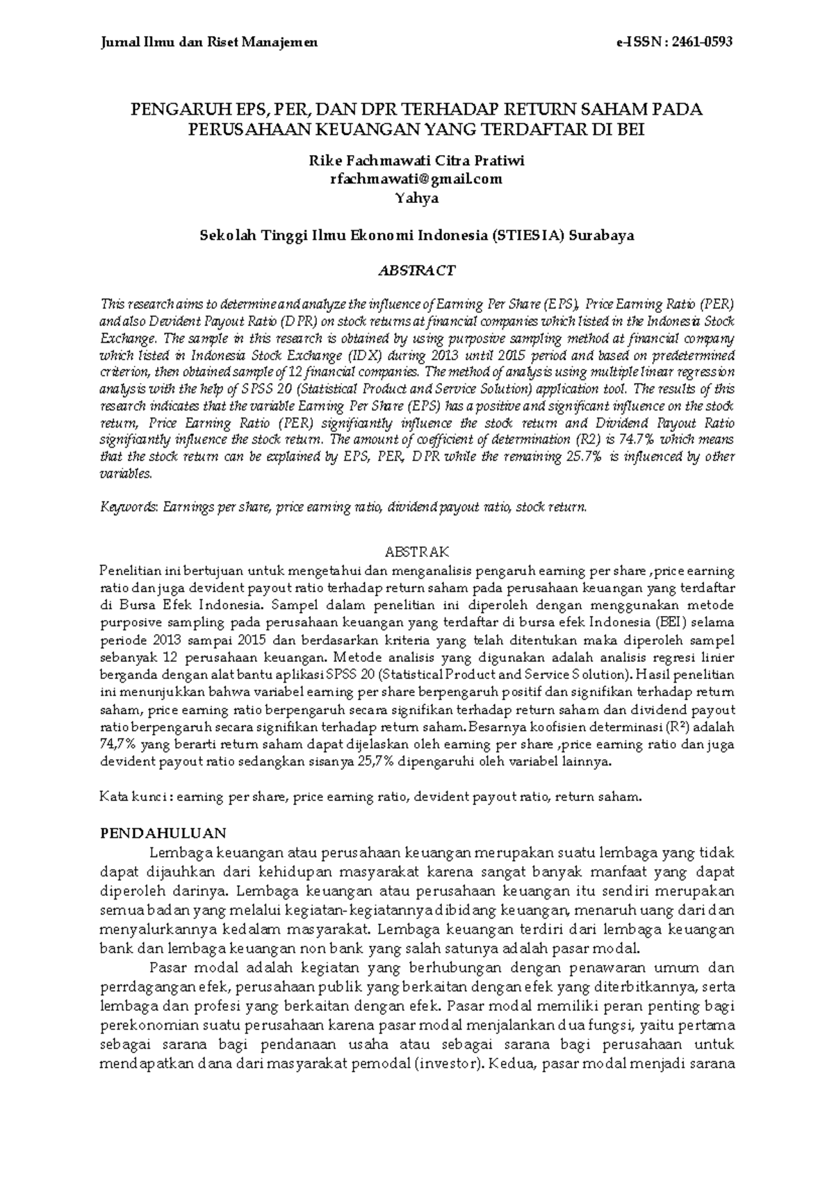 Jurnal Ilmu dan Riset Manajemen: Pengaruh EPS, PER, dan DPR terhadap ...