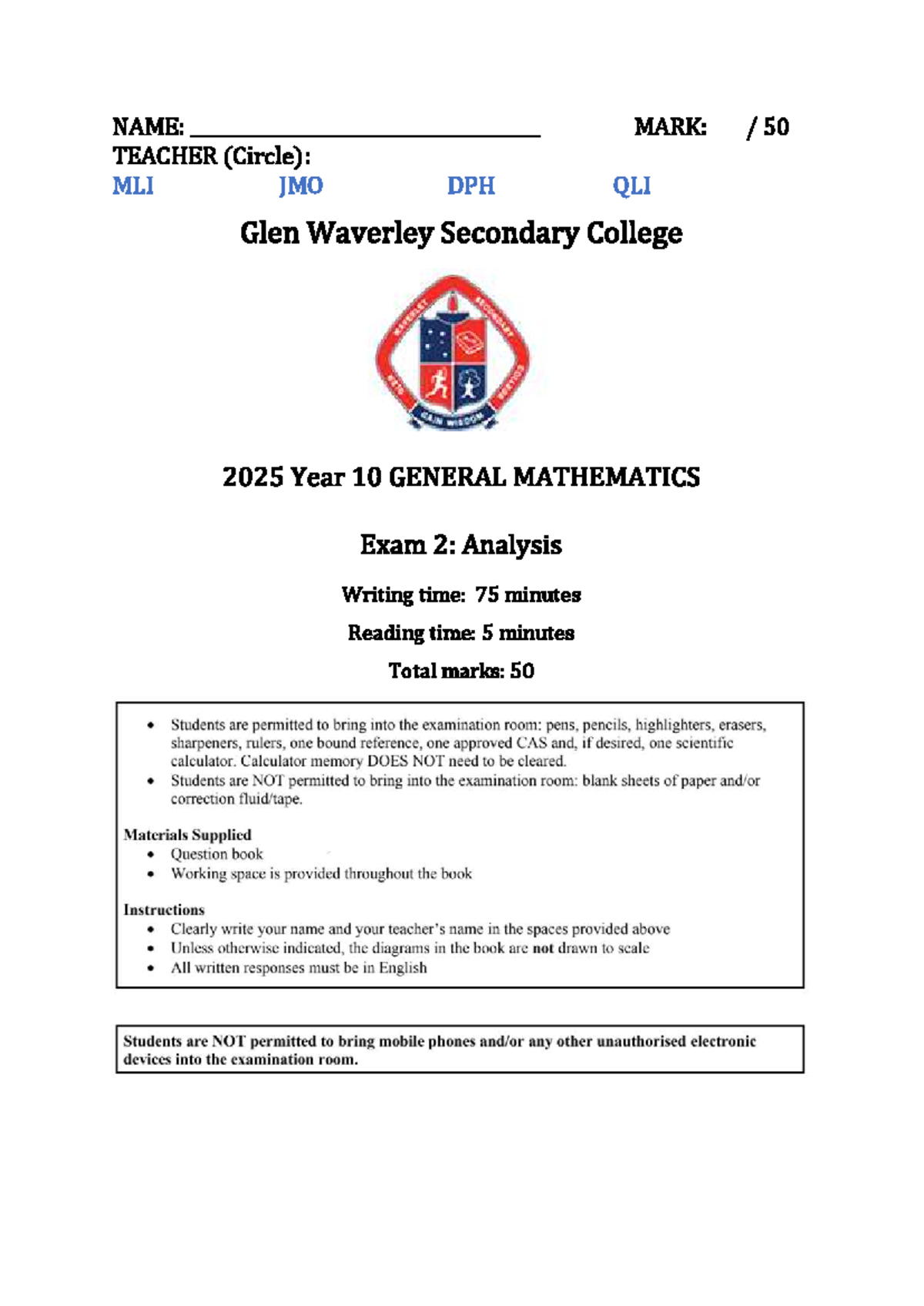 2025 Year 10 General Mathematics Exam 2 - Studocu