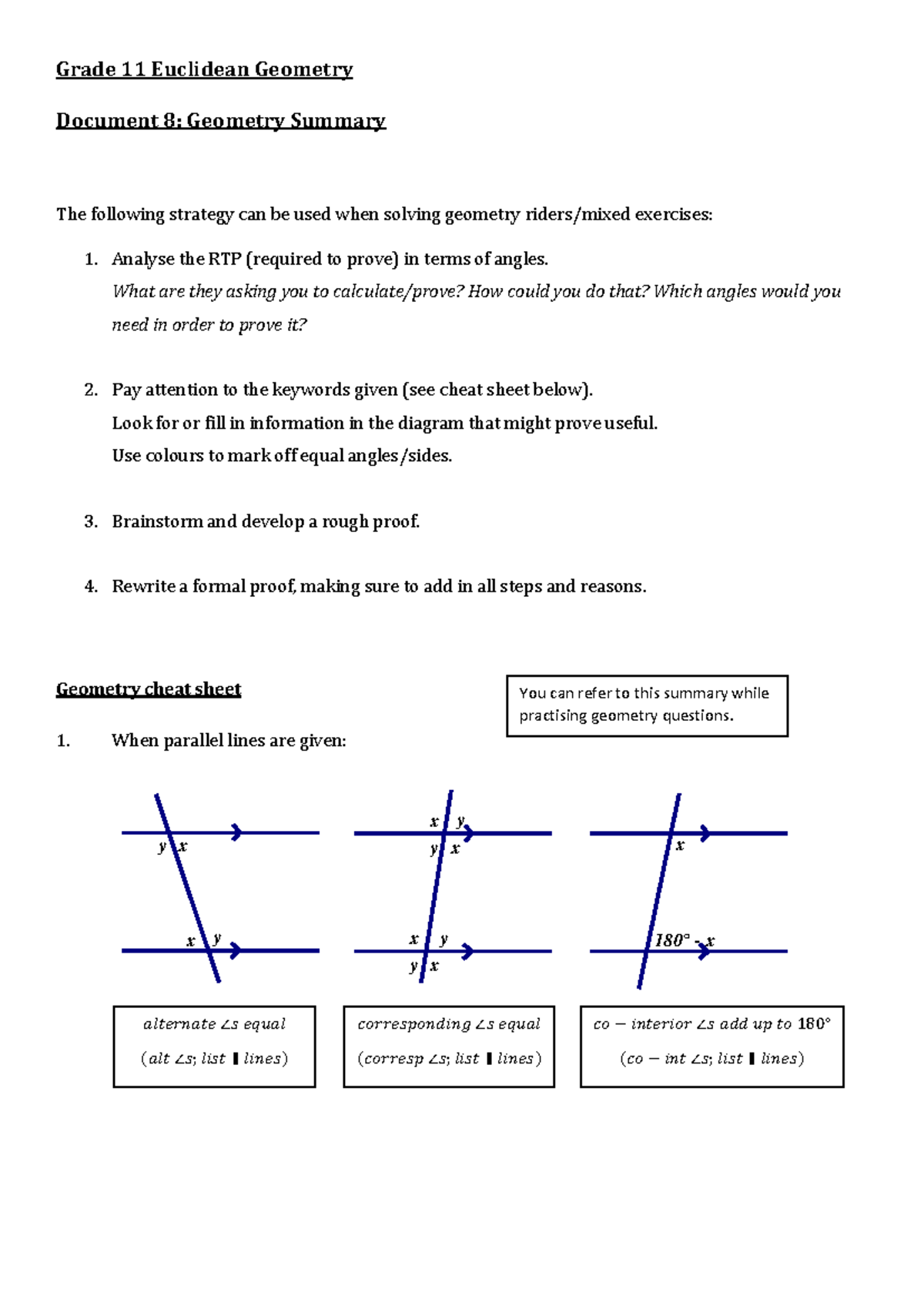 Geometry summary - Grade 11 Euclidean Geometry Document 8: Geometry ...