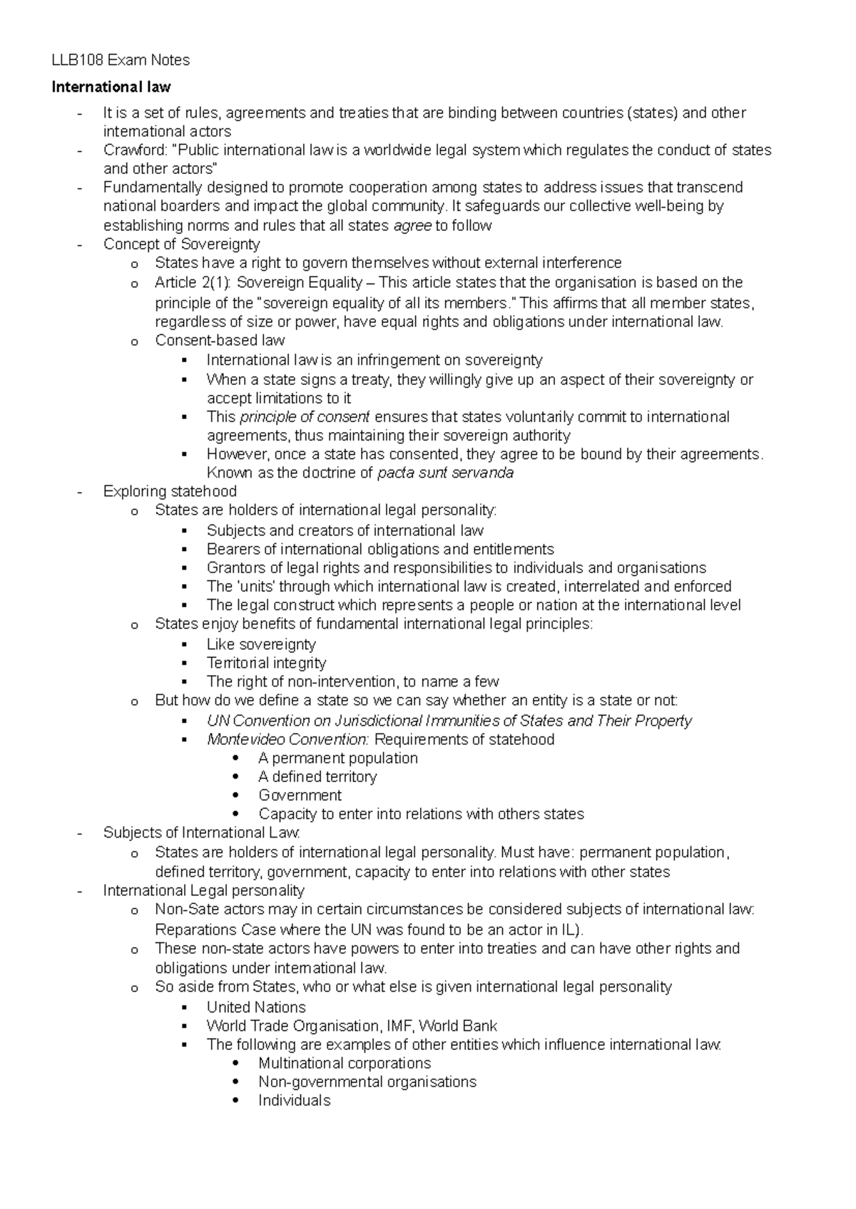 LLB108 Final Exam Notes on International Law and Sovereignty - Studocu