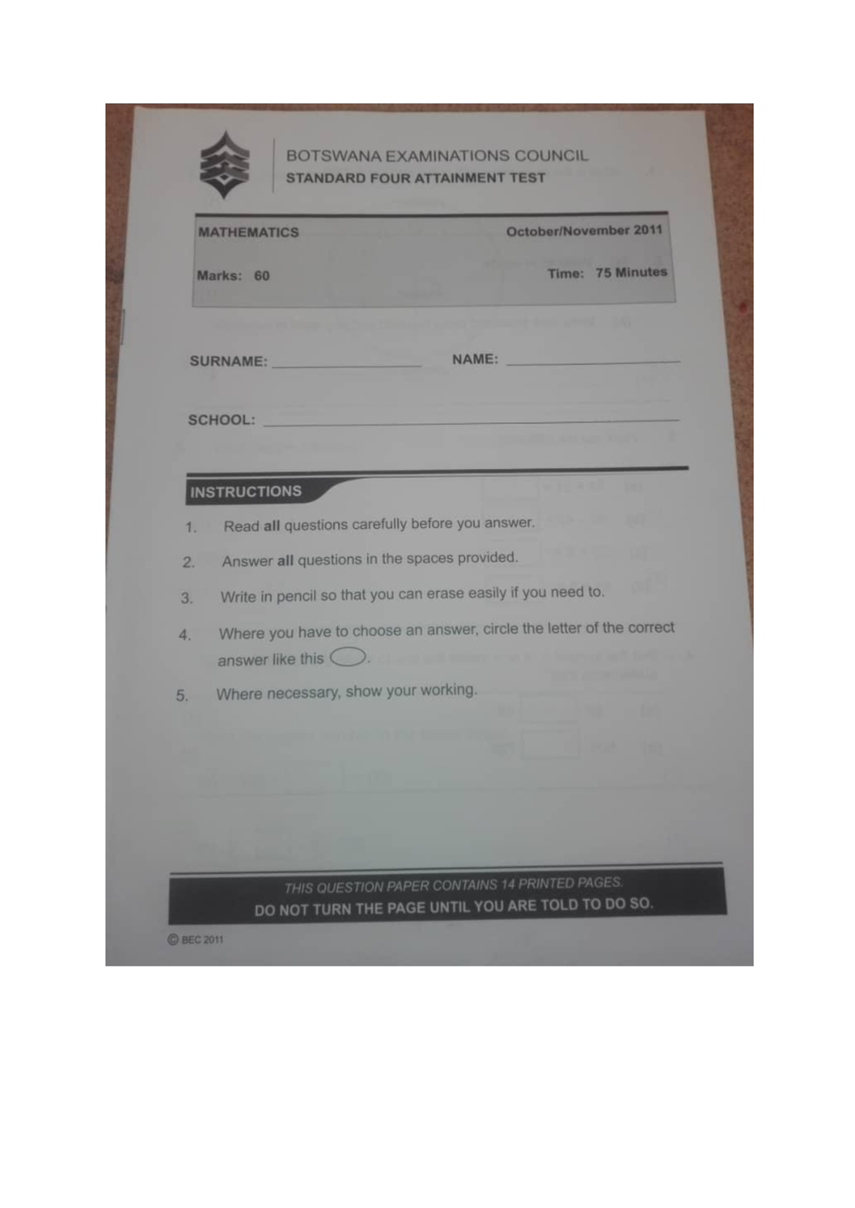 BEC 2011 Standard Four Attainment Test: Mathematics Exam Paper - Studocu