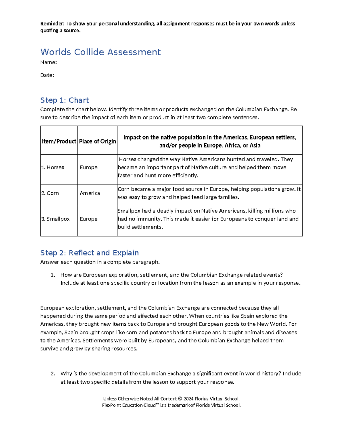 Worlds Collide Assessment: Understanding the Columbian Exchange - Studocu
