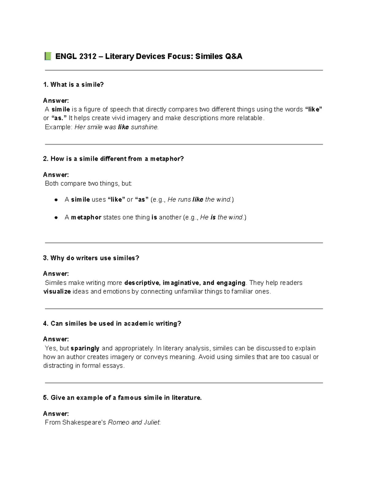 ENGL 2312 Lecture Notes: Understanding Similes in Literature - Studocu