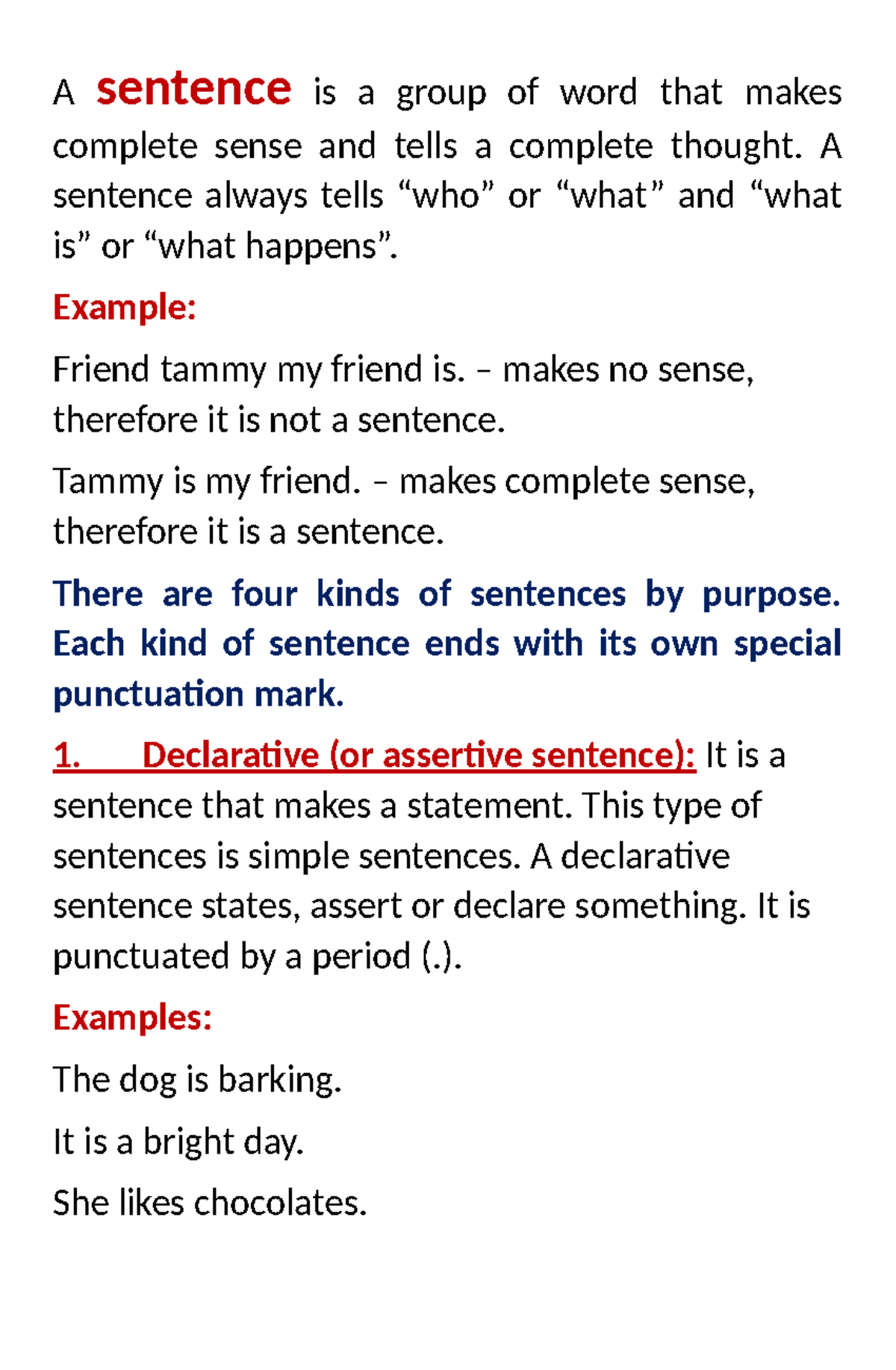Understanding Sentences: Types and Examples (ENG101) - Studocu