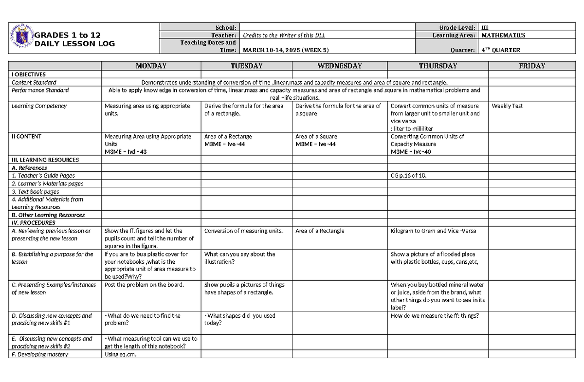 DLL Mathematics 3 Q4 W5 - DLL - GRADES 1 to 12 DAILY LESSON LOG School ...