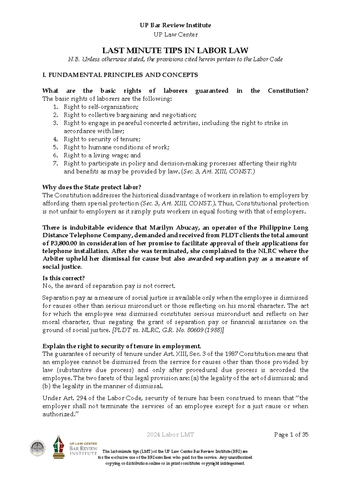 2024 Lmt Up Bri Last Minute Tips For Labor Law Exam Studocu