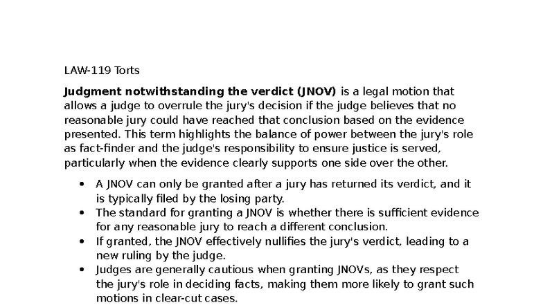 Torts 878: JNOV and Negligence Duty Outline Notes - Studocu