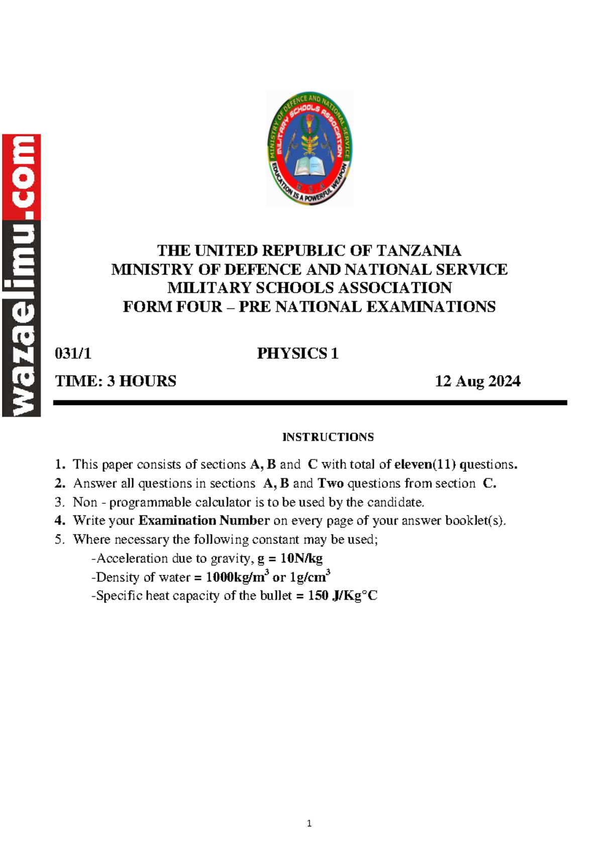 Physics 1 MSA - Form Four Pre-National Exam Notes (Aug 2024) - Studocu