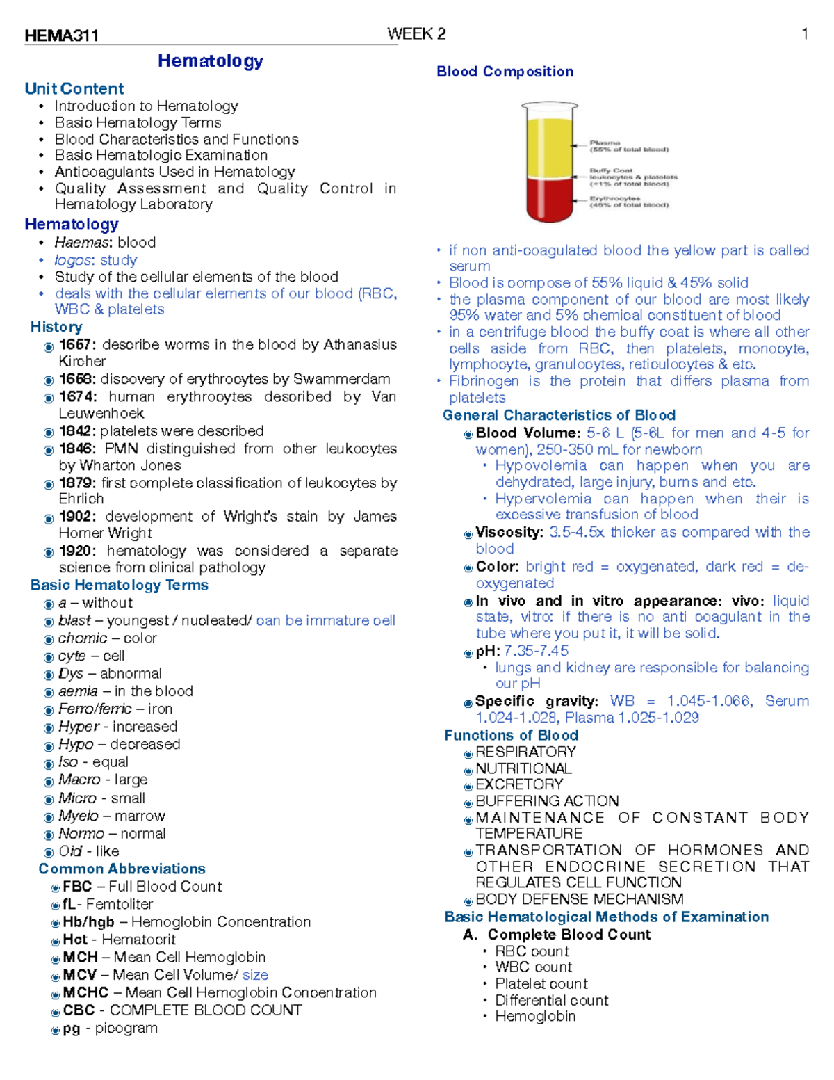 HEMA311 Week 2 Lecture Notes - Introduction to Hematology - Studocu