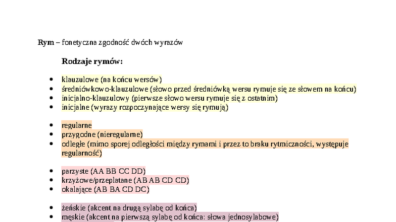 Rymy poetyka: Rodzaje rymów - Notatki z zajęć - Studocu