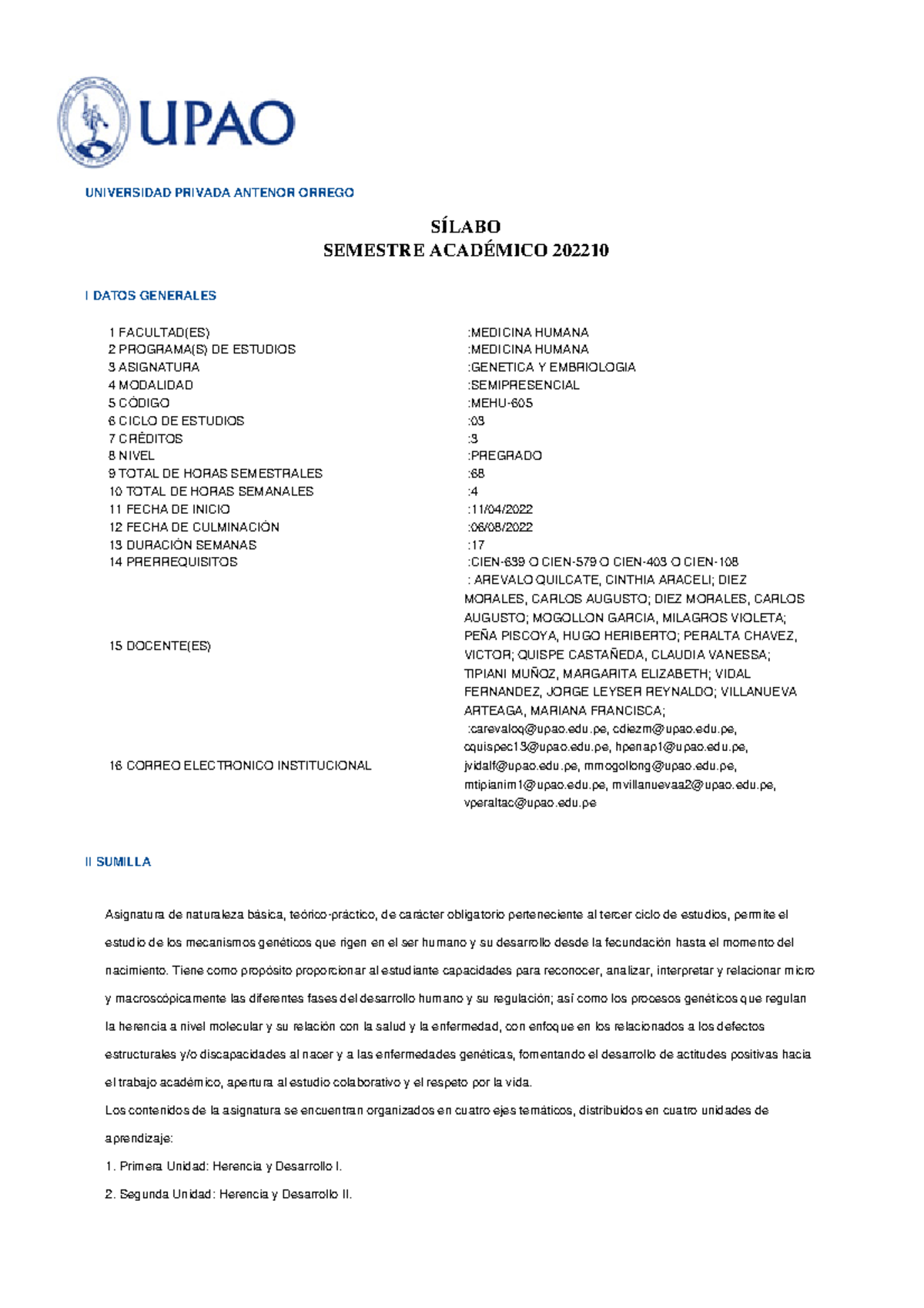 Sílabo de Genética y Embriología - MEHU 605 - Semestre 202210 - Document Preview