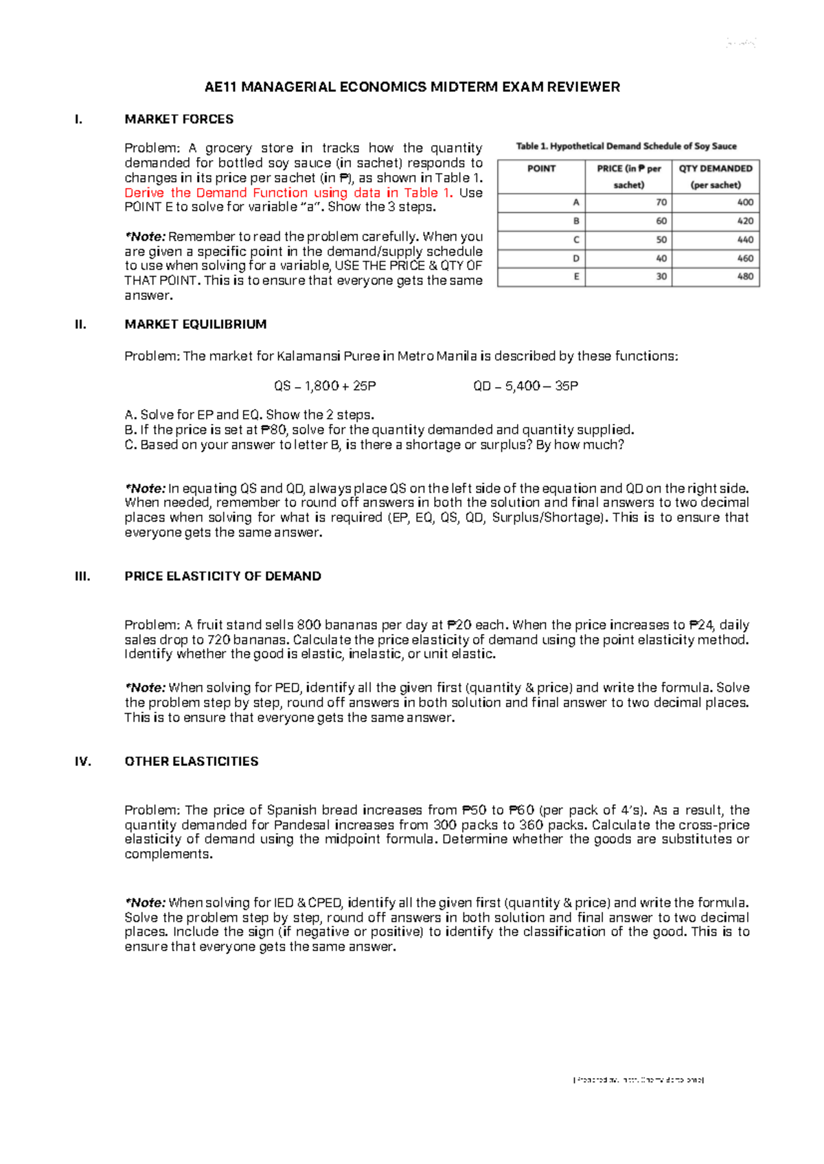 AE11 MANAGERIAL ECONOMICS MIDTERM EXAM REVIEW: SAMPLE PROBLEMS - Studocu