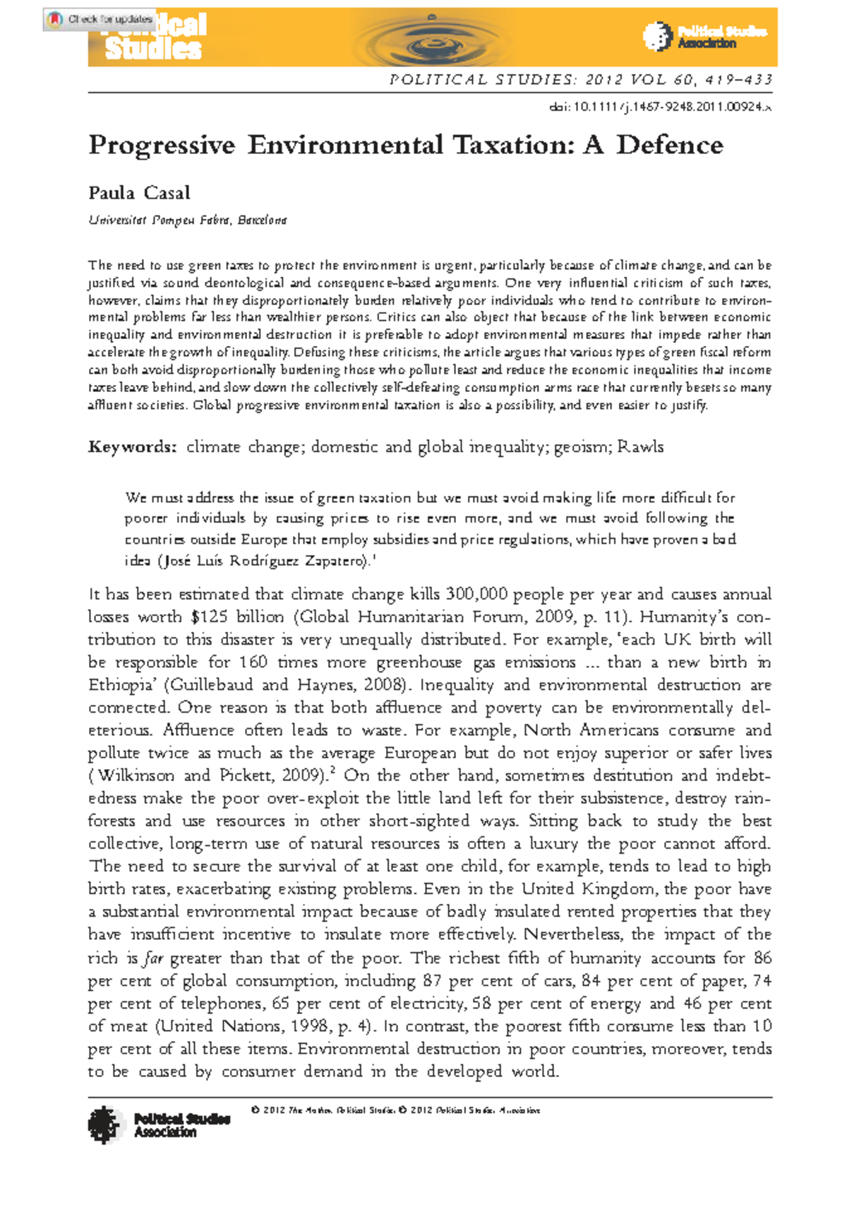 Casal 2012: Defending Progressive Environmental Taxation - Studocu