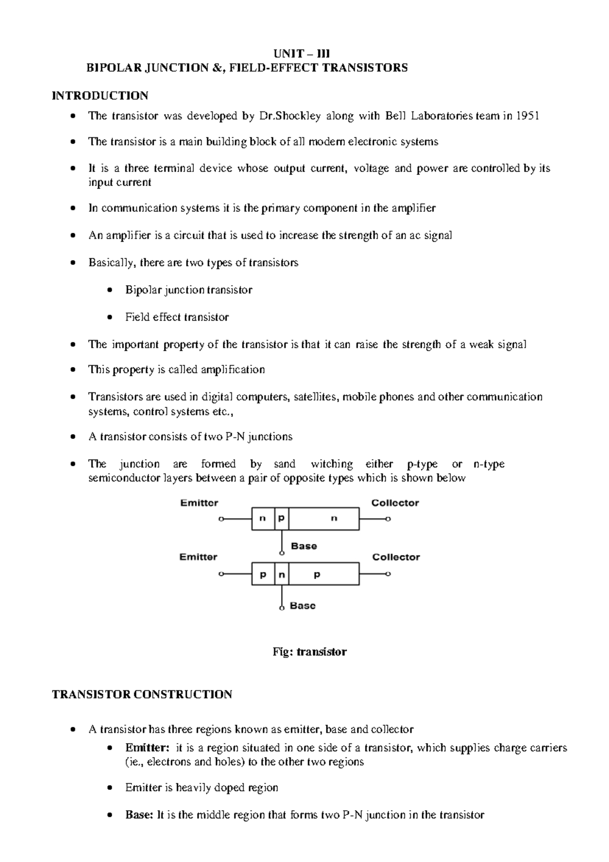 Unit III - BEE: Bipolar Junction Transistors Overview and Operation ...