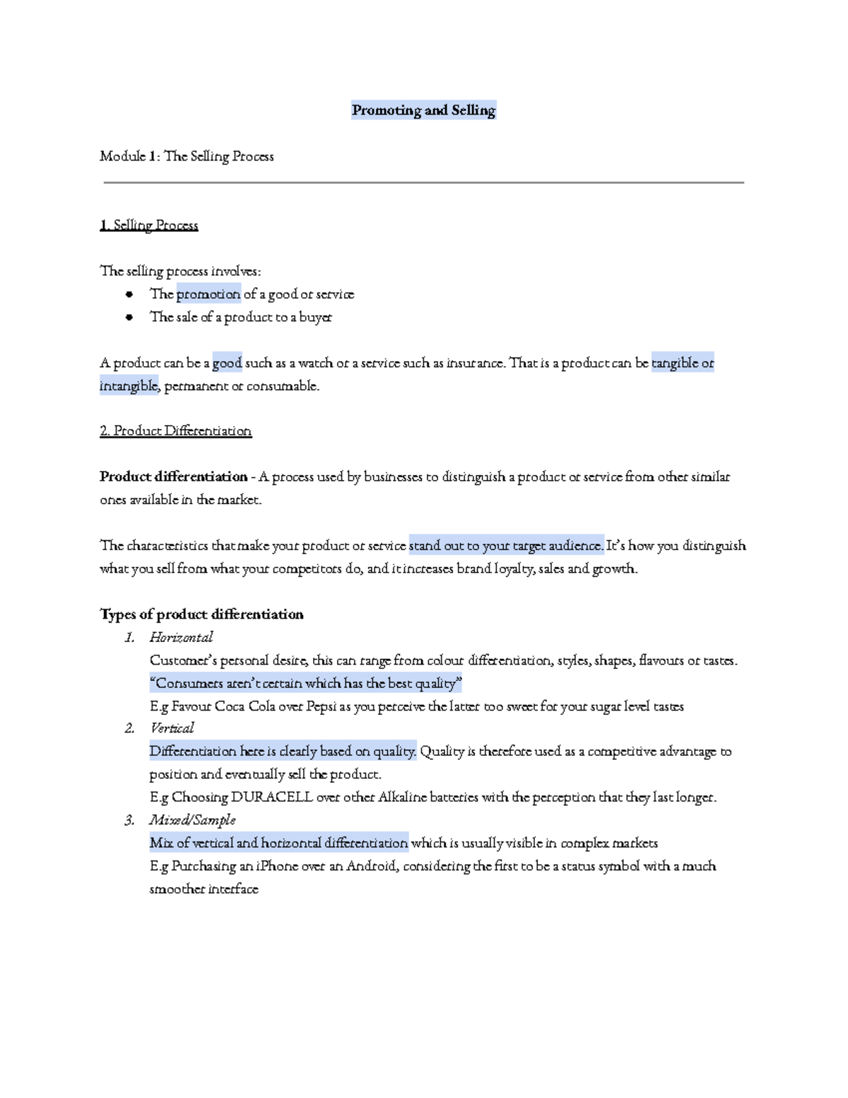 Yearly Study Notes: Promoting & Selling (Module 1) - Studocu