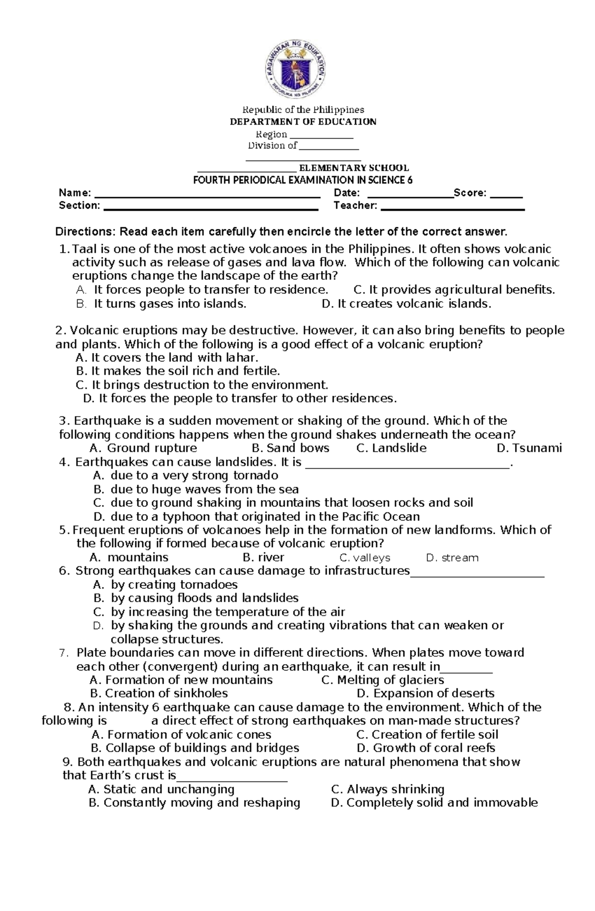 2026 Fourth Periodical Exam in Science 6 - Studocu
