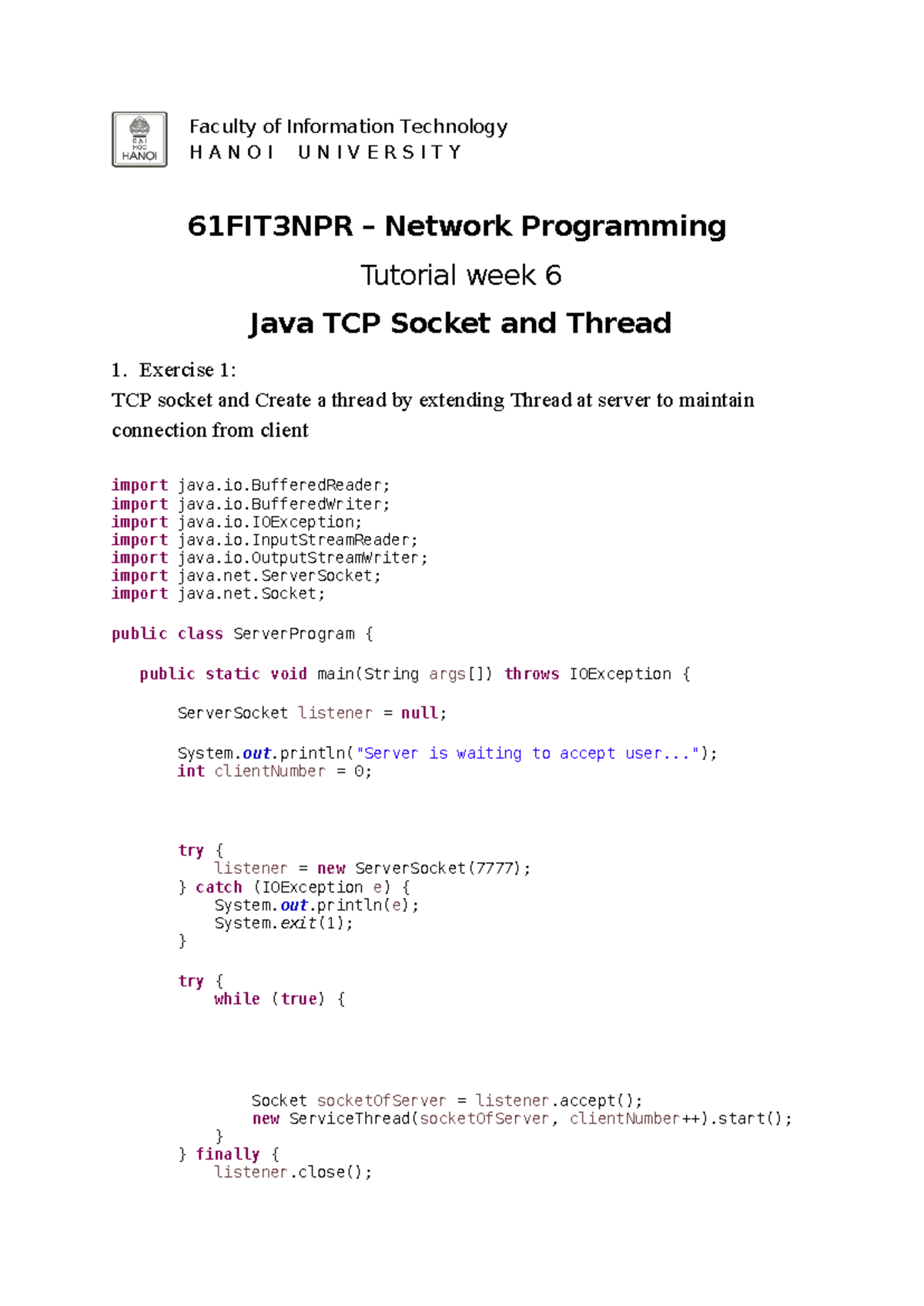 61FIT3NPR Week 6 Tutorial: Java TCP Socket & Multithreading - Studocu