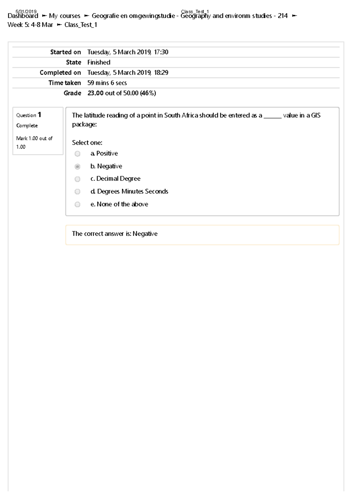 Class Test 1 GISA - Copy - HELPS A LOT - Question 1 Complete Mark 1 out ...