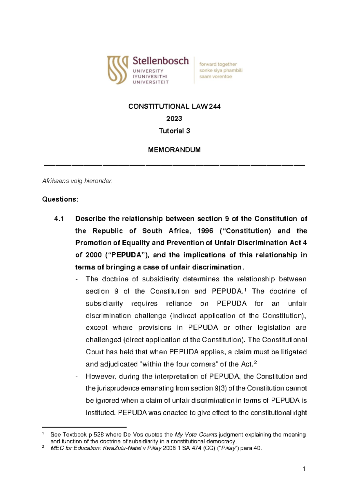 Con Law 244: Tutorial 3 Memo on PEPUDA & Unfair Discrimination - Studocu