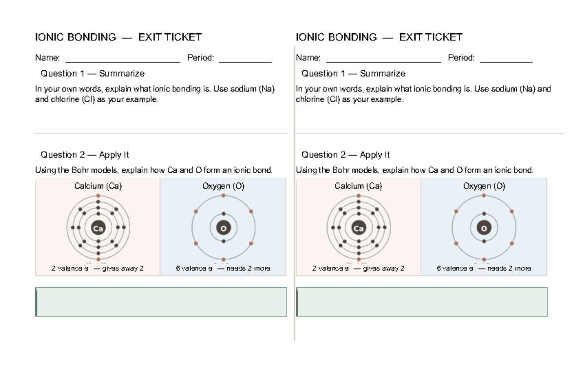 IONIC BONDING — EXIT TICKET (ENLACE IÓNICO) - Studocu