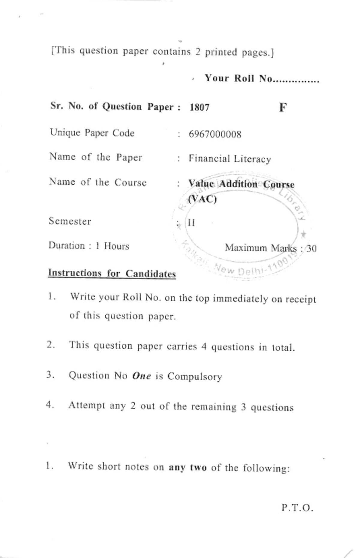 VAC Financial Literacy Semester 2 Question Paper 1807 - Studocu