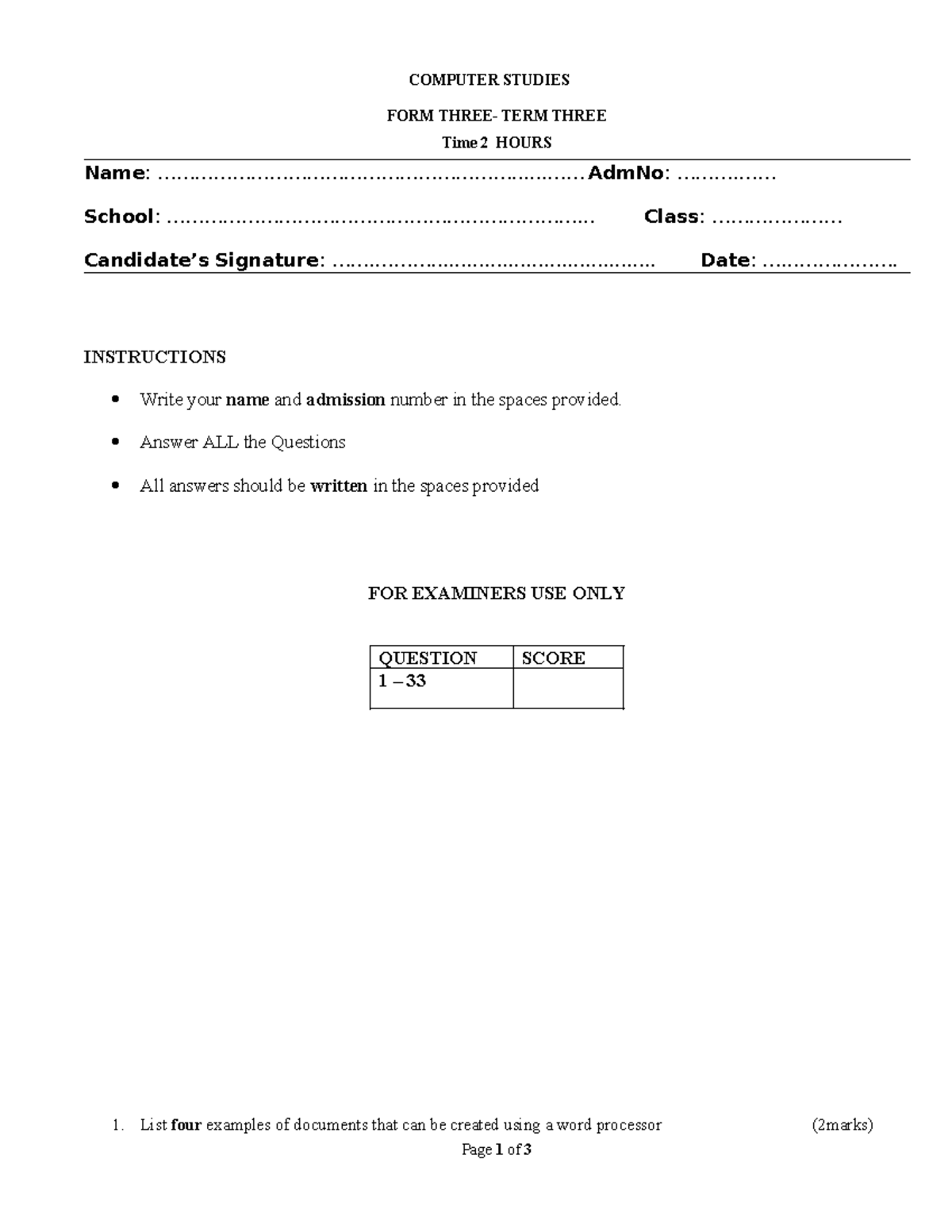 Computer Studies Form 3 Term 3 Final Exam Questions and Instructions ...
