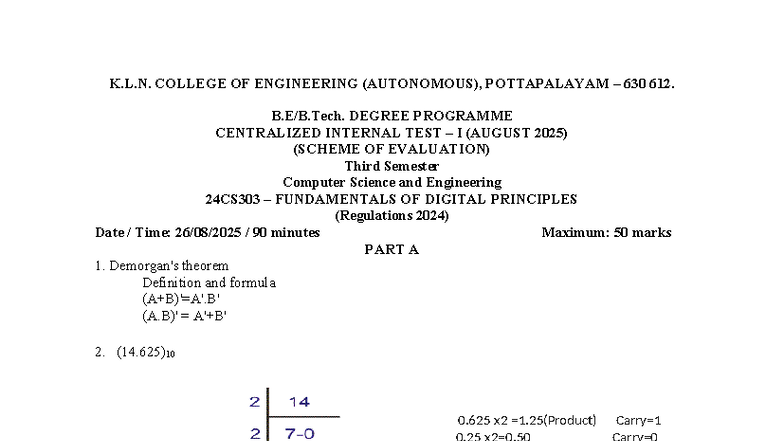 FDP CIT I Key - 24CS303 Fundamentals of Digital Principles - Studocu