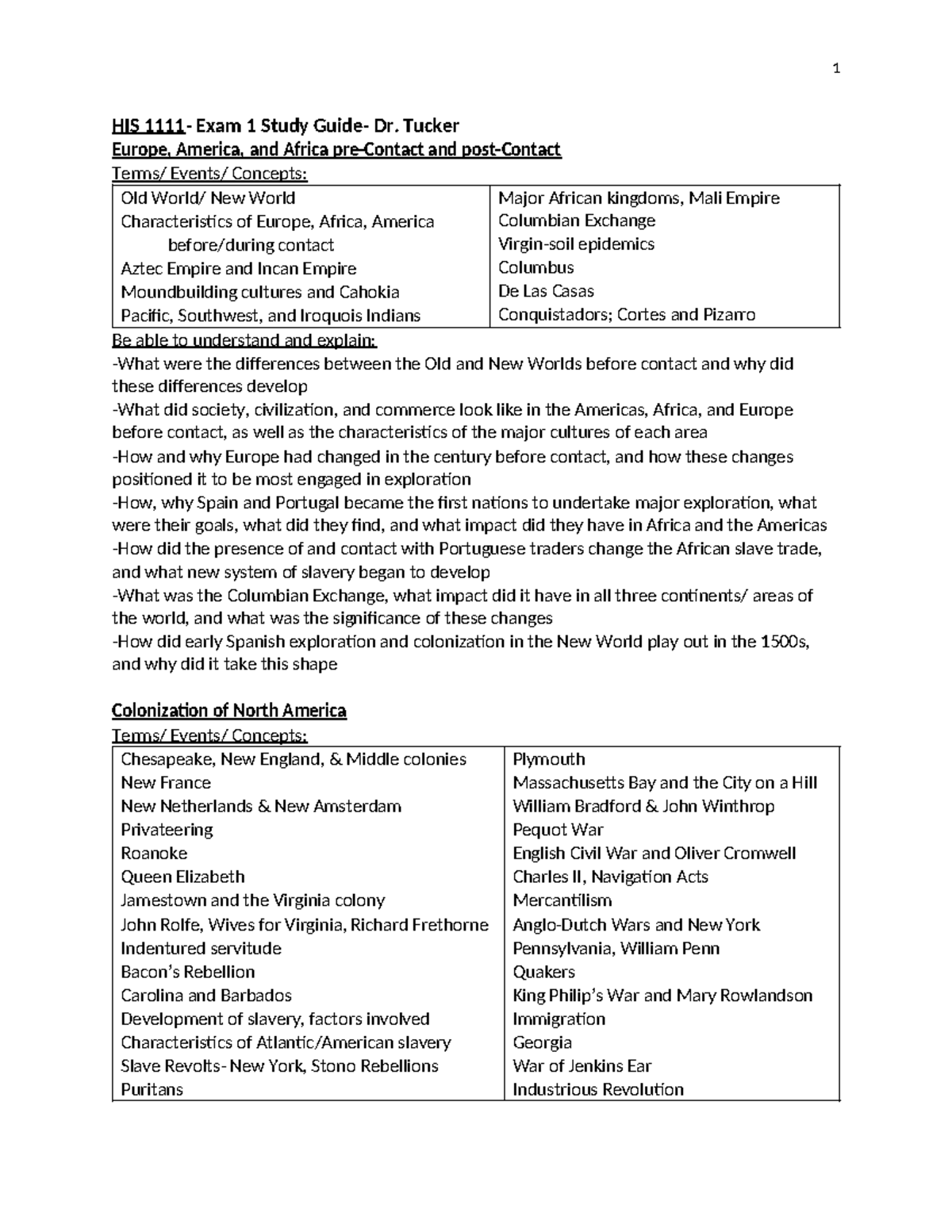 HIS 1111 - Exam 1 Study Guide: Europe, America, and Africa Overview ...