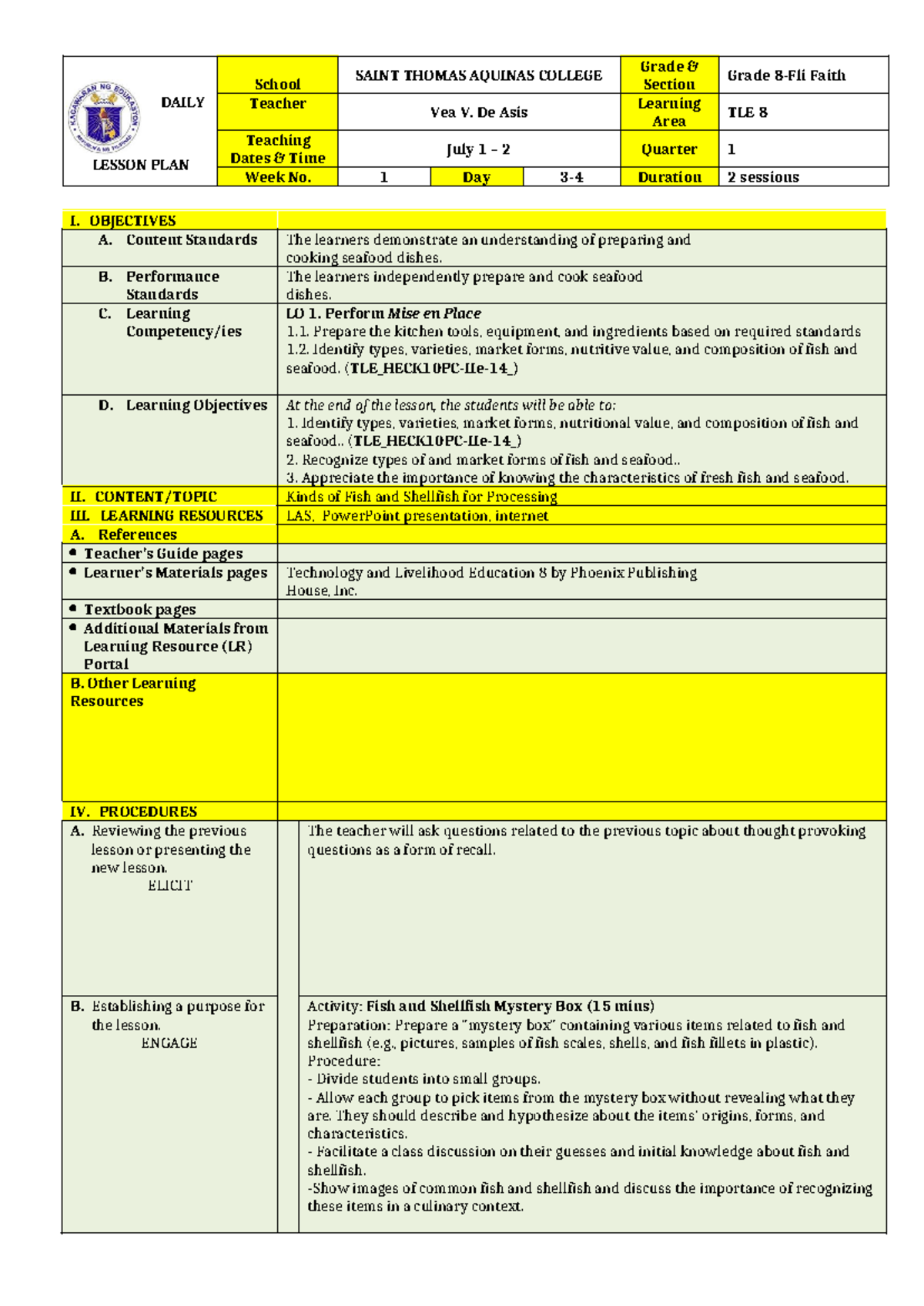 LPQ1 W2 D4 Lesson Plan: Understanding Fish & Shellfish for Processing ...