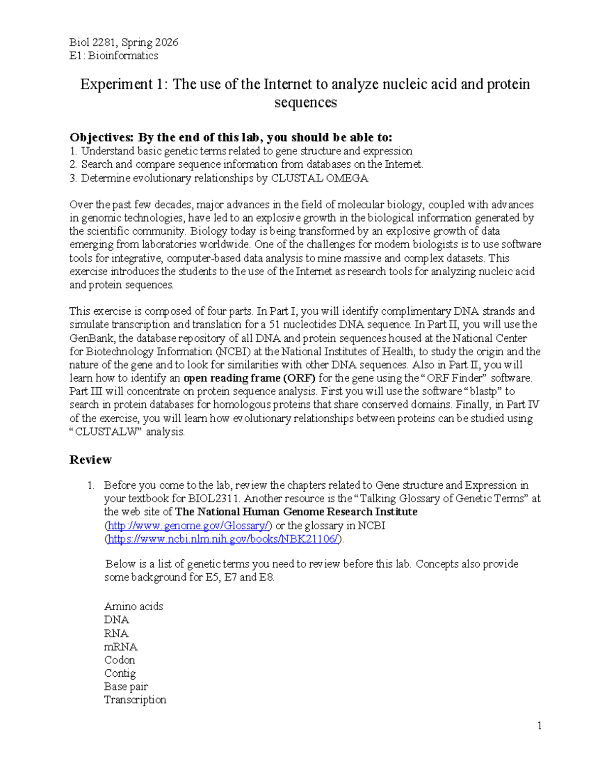 Biol 2281, Spring 2026 E1: Bioinformatics Lab Report and Procedures ...